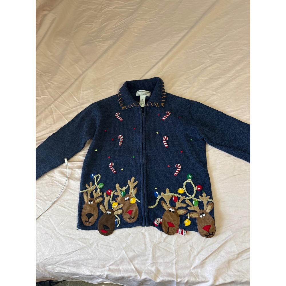 Tiara International Small 2004 Reindeer Candy Cane Zip Up Christmas Sweater
